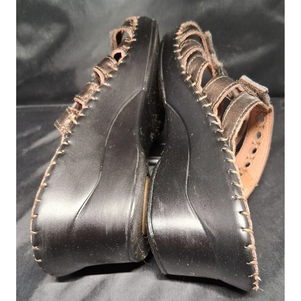 La Plume Metallic Bronze Leather Wedge Slide Sandals Adjustable Straps Size 39
